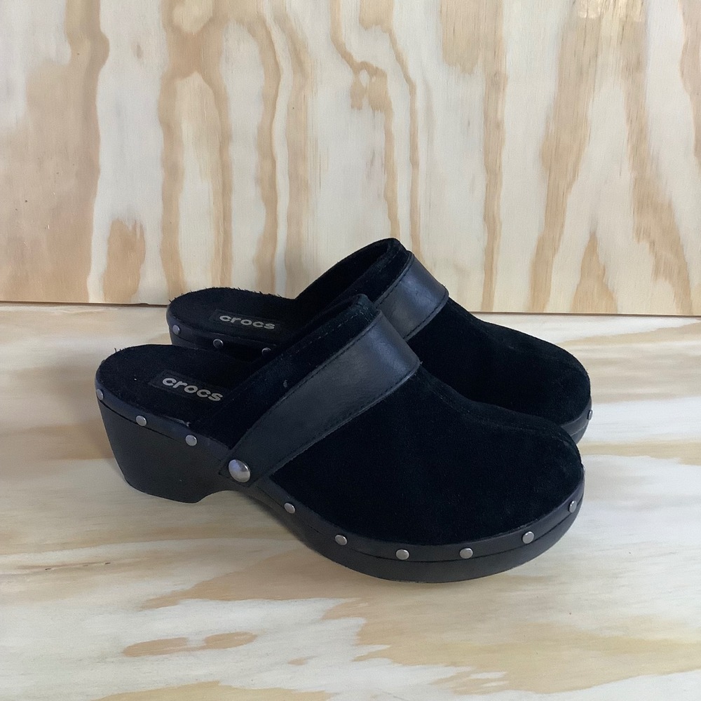Crocs Womens Black Suede Studded Platform Wedge Clogs Mules 12314 Size 8